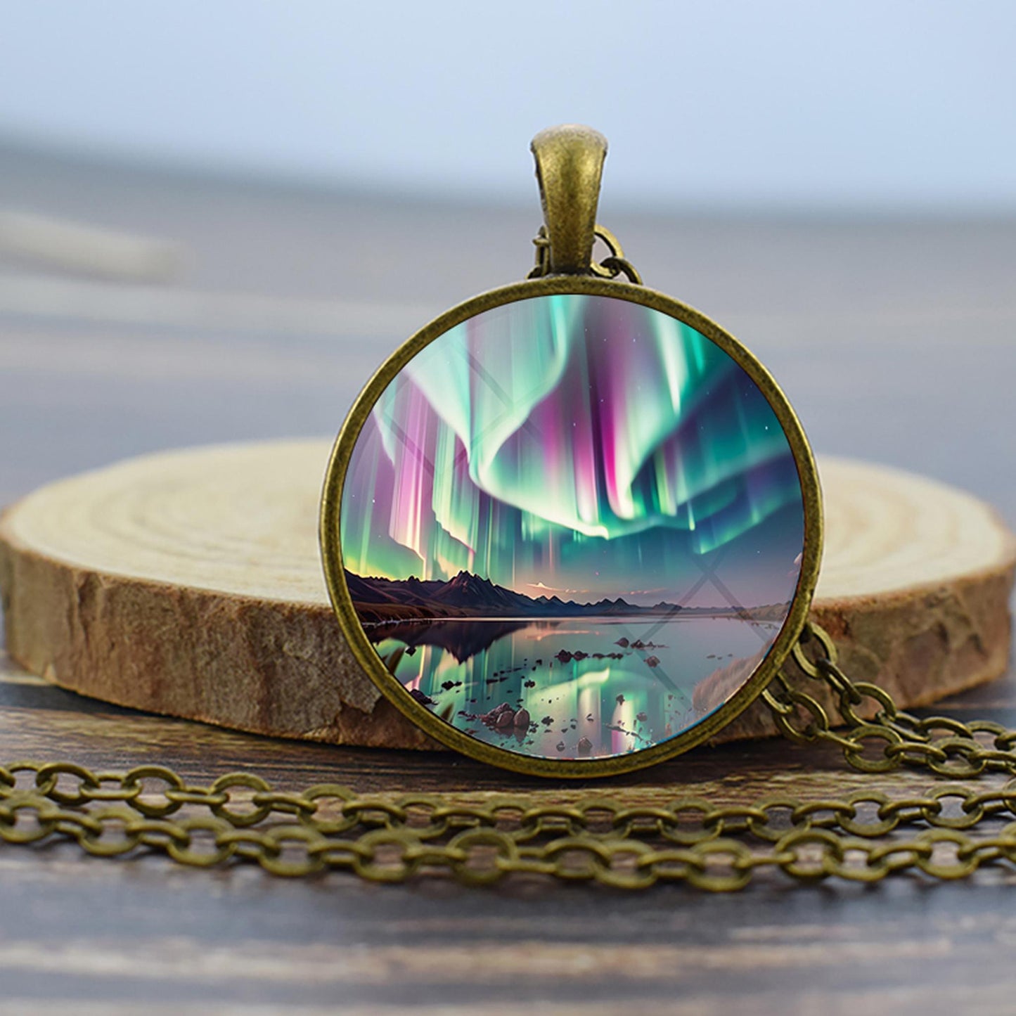 Luminous Aurora Borealis Bronze Necklace - Northern Light Jewelry - Unique Glass Dome Pendent Necklace - Perfect Aurora Lovers Gift