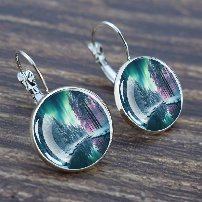 Luminous Aurora Borealis Hook Earrings - Northern Lights Jewelry - Unique Glass Cabochon Drop Earrings - Perfect Aurora Lovers Gift