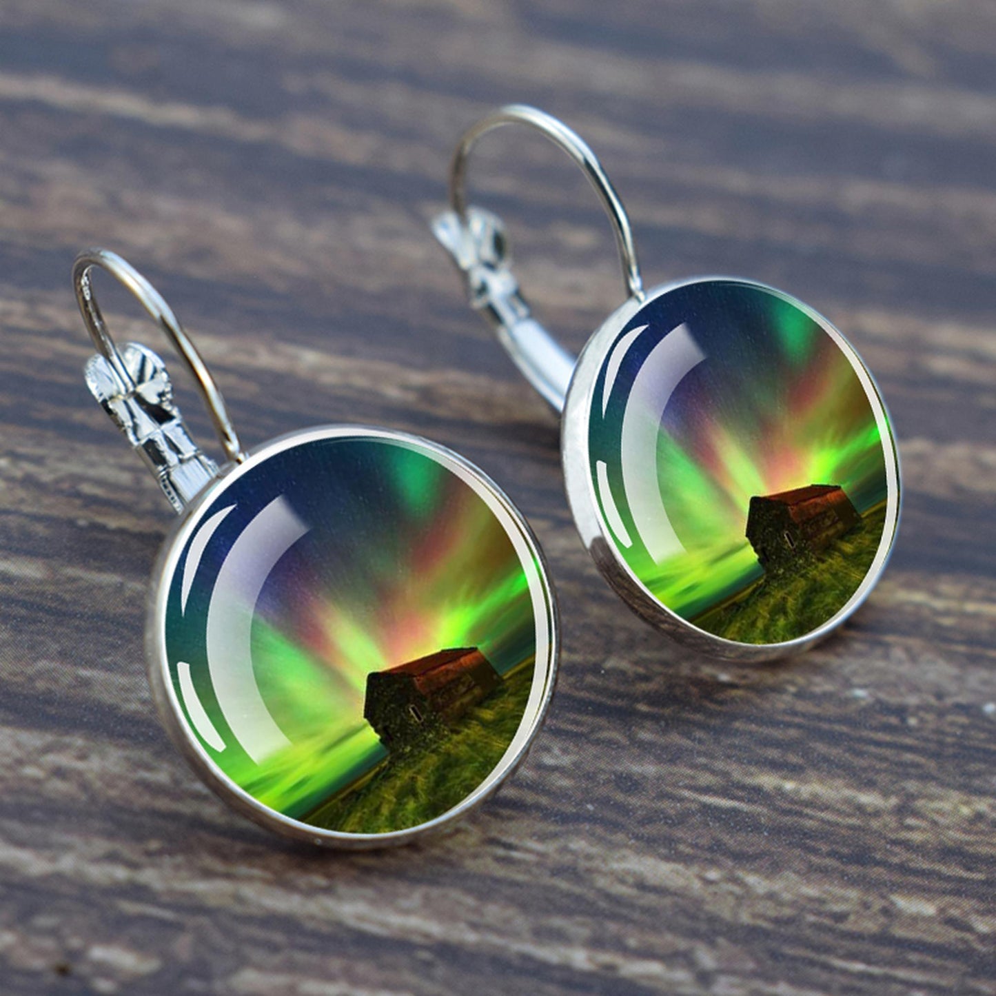 Luminous Aurora Borealis Hook Earrings - Northern Lights Jewelry - Unique Glass Cabochon Drop Earrings - Perfect Aurora Lovers Gift