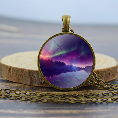 Luminous Aurora Borealis Bronze Necklace - Northern Light Jewelry - Unique Glass Dome Pendent Necklace - Perfect Aurora Lovers Gift