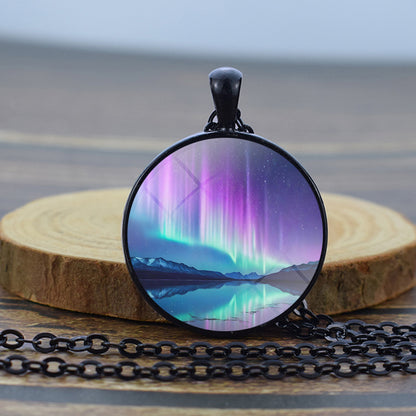 Luminous Aurora Borealis Black Necklace - Northern Light Jewelry - Unique Glass Dome Pendent Necklace - Perfect Aurora Lovers Gift