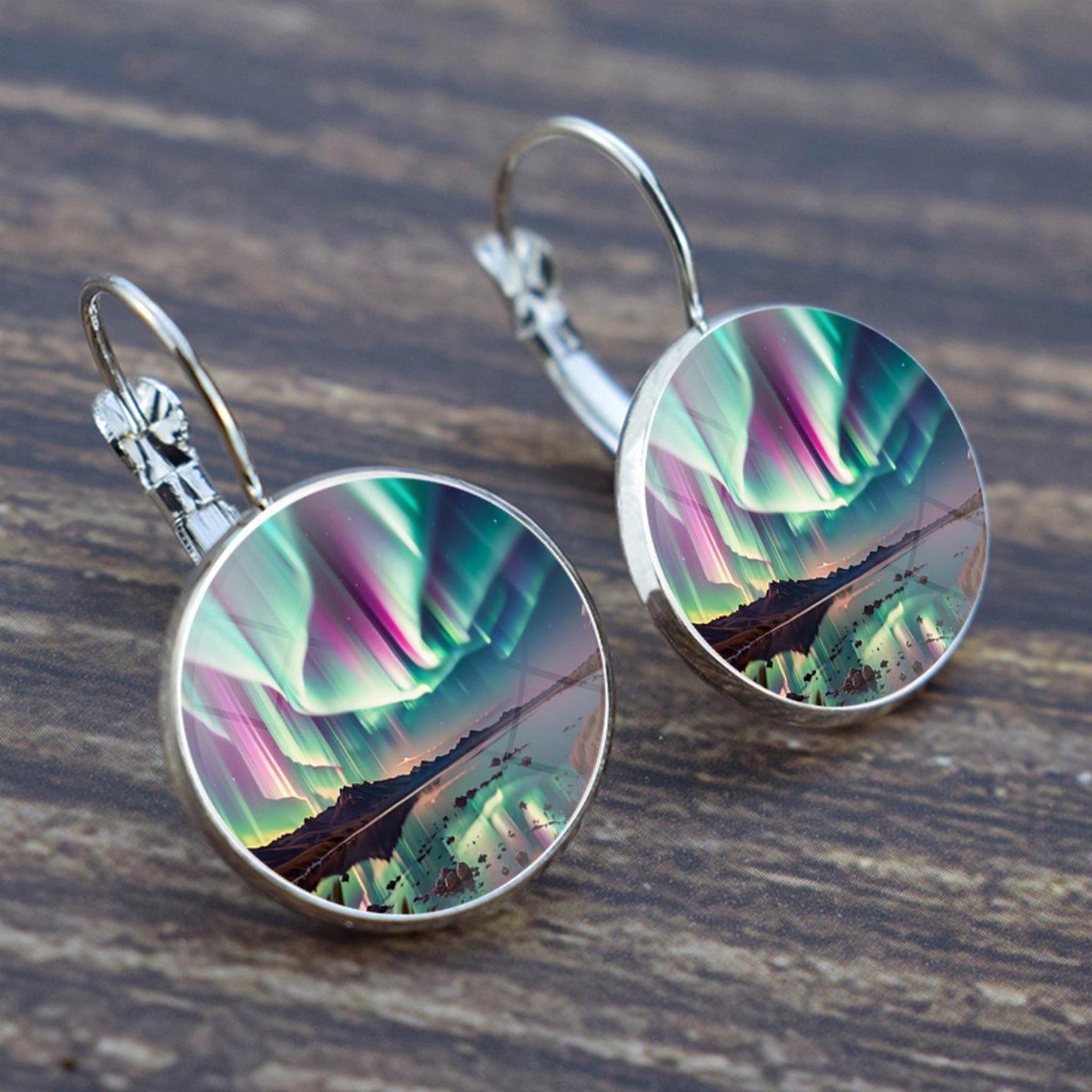 Luminous Aurora Borealis Hook Earrings - Northern Lights Jewelry - Unique Glass Cabochon Drop Earrings - Perfect Aurora Lovers Gift