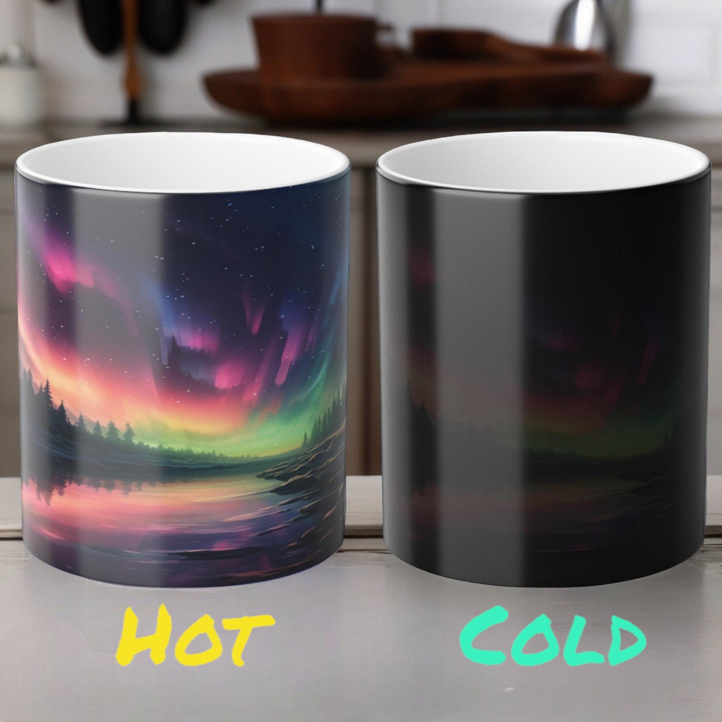 Töfrandi Aurora Borealis hitanæm mál - Northern Lights Magic Color Morphing Mug 11oz - Heat Reactive Night Sky Kaffibolli - Fullkomin gjöf fyrir náttúruunnendur