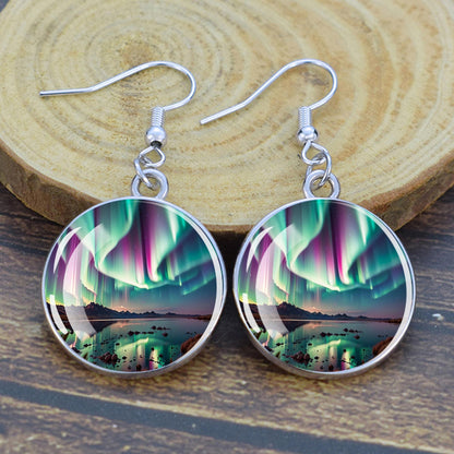 Pendientes colgantes luminosos de aurora boreal - Joyería de aurora boreal - Pendientes colgantes de cabujón de vidrio únicos - Regalo perfecto para los amantes de la aurora