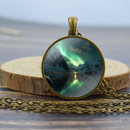 Luminous Aurora Borealis Bronze Necklace - Northern Light Jewelry - Unique Glass Dome Pendent Necklace - Perfect Aurora Lovers Gift