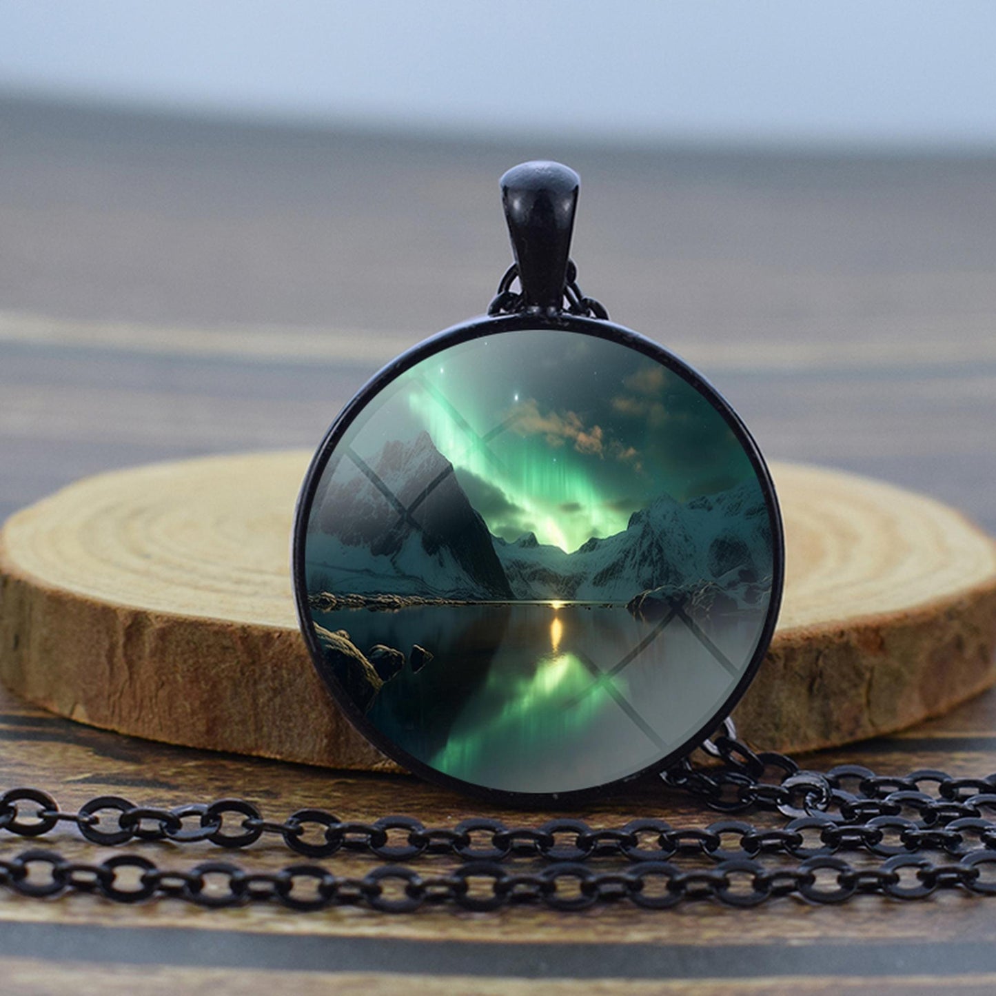 Luminous Aurora Borealis Black Necklace - Northern Light Jewelry - Unique Glass Dome Pendent Necklace - Perfect Aurora Lovers Gift