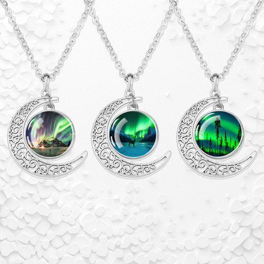 Luminous Aurora Borealis Crescent Necklace- Northern Light Jewelry - Unique Crescent Glass Cabochon Pendent Necklace - Perfect Aurora Lovers Gift