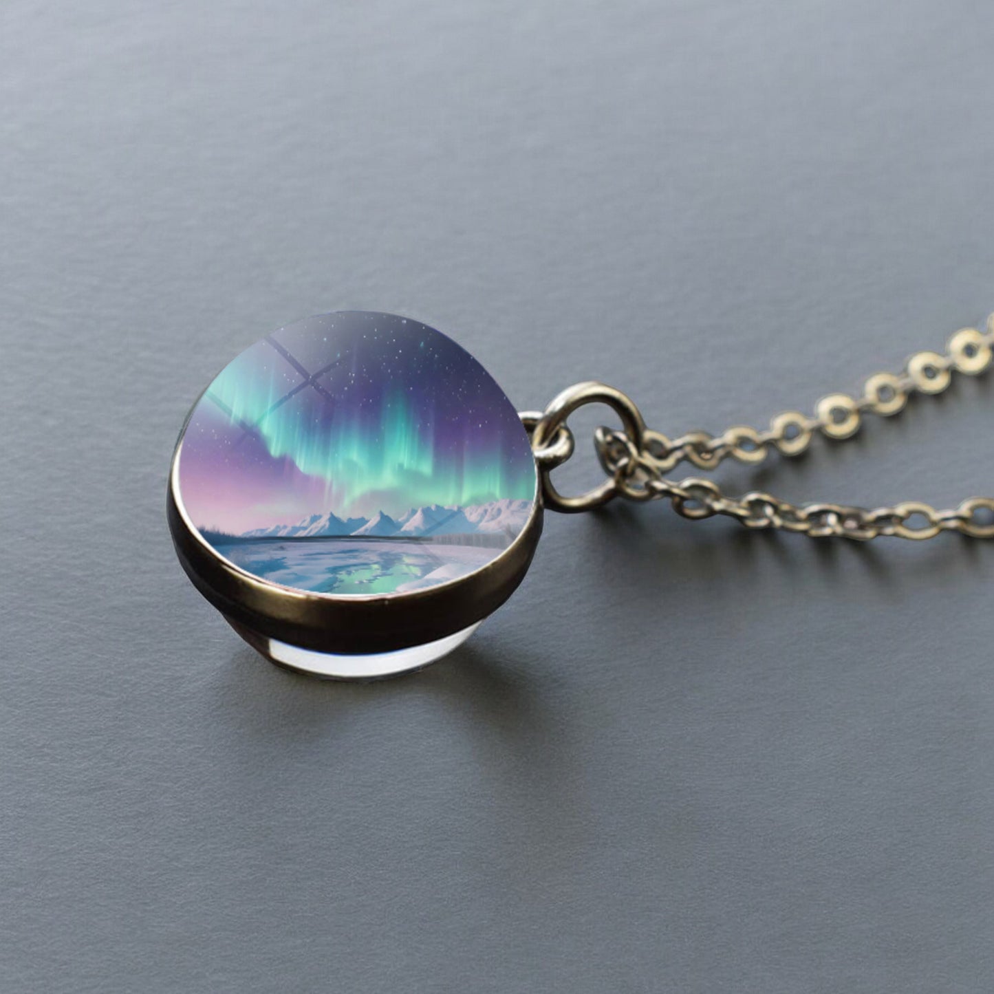 Luminous Aurora Borealis Silver Necklace- Northern Light Jewelry - Unique Double Side Glass Ball Pendent Necklace - Perfect Aurora Lovers Gift