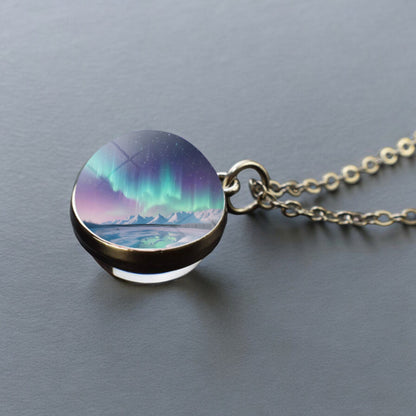 Luminous Aurora Borealis Silver Necklace- Northern Light Jewelry - Unique Double Side Glass Ball Pendent Necklace - Perfect Aurora Lovers Gift