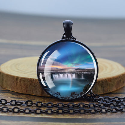 Luminous Aurora Borealis Black Necklace - Northern Light Jewelry - Unique Glass Dome Pendent Necklace - Perfect Aurora Lovers Gift