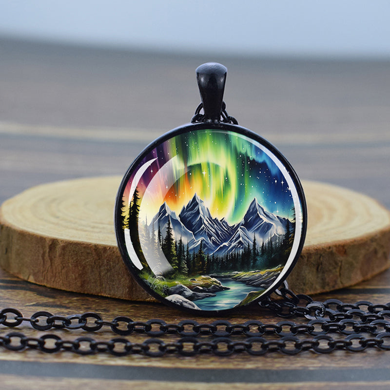 Luminous Aurora Borealis Black Necklace - Northern Light Jewelry - Unique Glass Dome Pendent Necklace - Perfect Aurora Lovers Gift