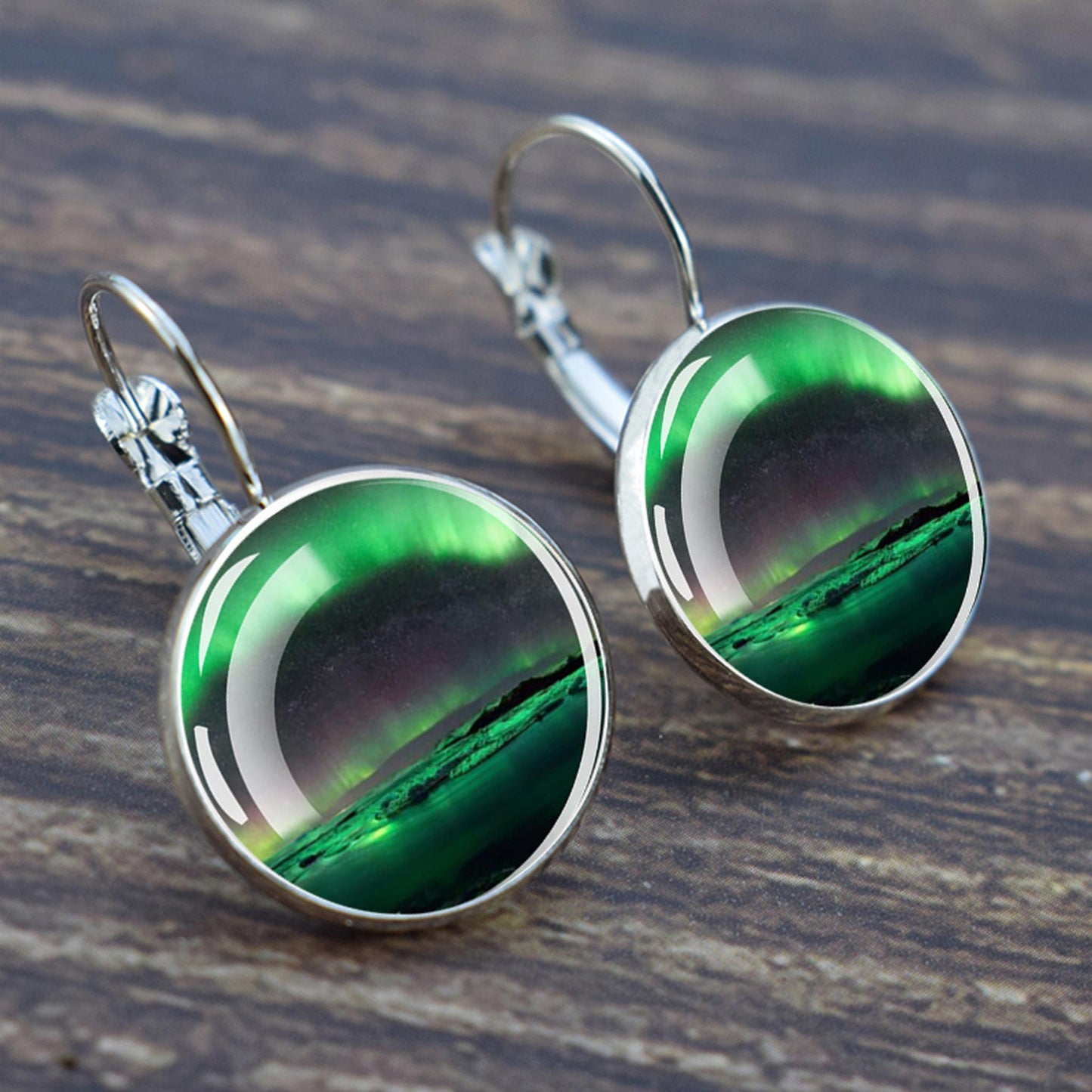 Luminous Aurora Borealis Hook Earrings - Northern Lights Jewelry - Unique Glass Cabochon Drop Earrings - Perfect Aurora Lovers Gift