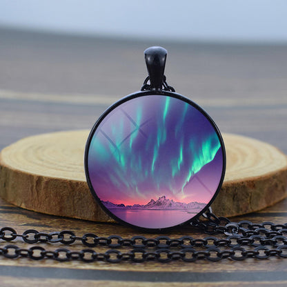 Luminous Aurora Borealis Black Necklace - Northern Light Jewelry - Unique Glass Dome Pendent Necklace - Perfect Aurora Lovers Gift