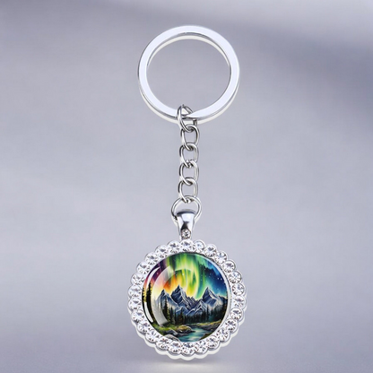 Porte-clés lumineux en argent Aurora Borealis - Bijoux Northern Light - Porte-clés en verre strass - Cadeau parfait pour les amoureux des aurores boréales