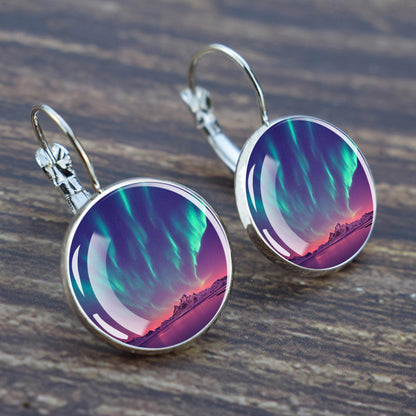 Luminous Aurora Borealis Hook Earrings - Northern Lights Jewelry - Unique Glass Cabochon Drop Earrings - Perfect Aurora Lovers Gift