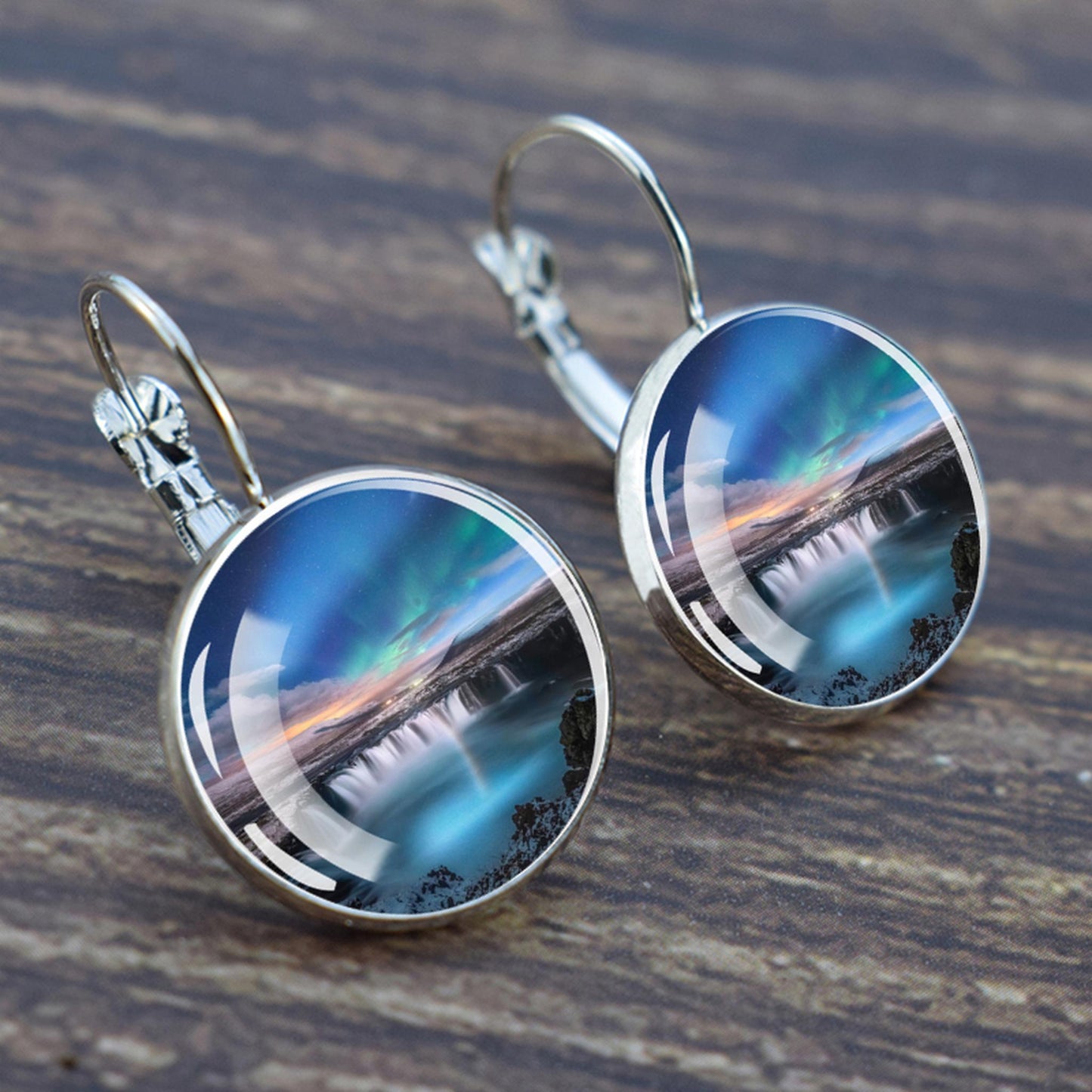 Luminous Aurora Borealis Hook Earrings - Northern Lights Jewelry - Unique Glass Cabochon Drop Earrings - Perfect Aurora Lovers Gift