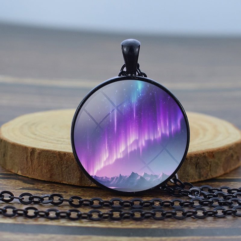 Luminous Aurora Borealis Black Necklace - Northern Light Jewelry - Unique Glass Dome Pendent Necklace - Perfect Aurora Lovers Gift