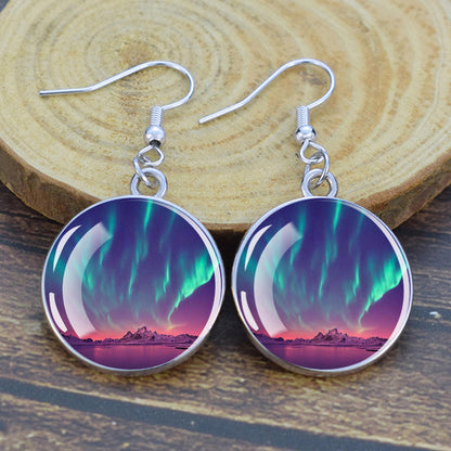 Pendientes colgantes luminosos de aurora boreal - Joyería de aurora boreal - Pendientes colgantes de cabujón de vidrio únicos - Regalo perfecto para los amantes de la aurora