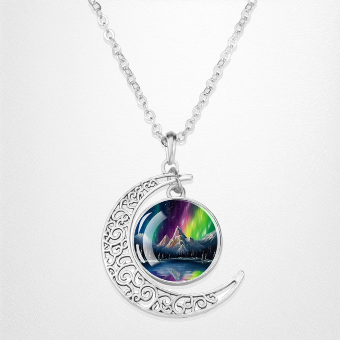 Luminous Aurora Borealis Crescent Necklace- Northern Light Jewelry - Unique Crescent Glass Cabochon Pendent Necklace - Perfect Aurora Lovers Gift