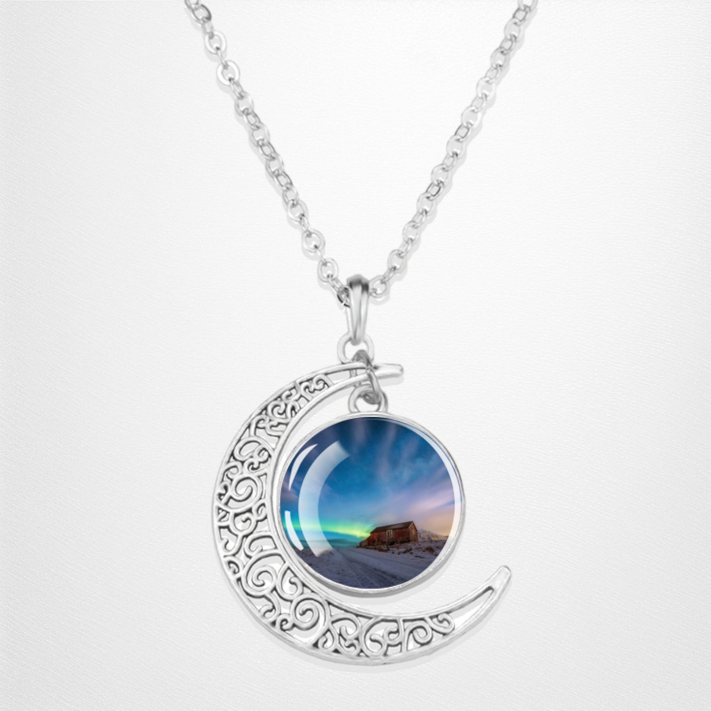 Luminous Aurora Borealis Crescent Necklace- Northern Light Jewelry - Unique Crescent Glass Cabochon Pendent Necklace - Perfect Aurora Lovers Gift