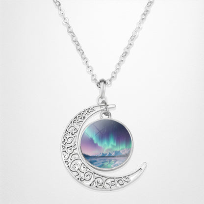 Luminous Aurora Borealis Crescent Necklace- Northern Light Jewelry - Unique Crescent Glass Cabochon Pendent Necklace - Perfect Aurora Lovers Gift