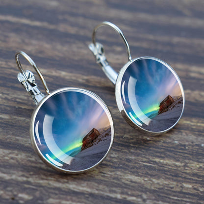 Luminous Aurora Borealis Hook Earrings - Northern Lights Jewelry - Unique Glass Cabochon Drop Earrings - Perfect Aurora Lovers Gift