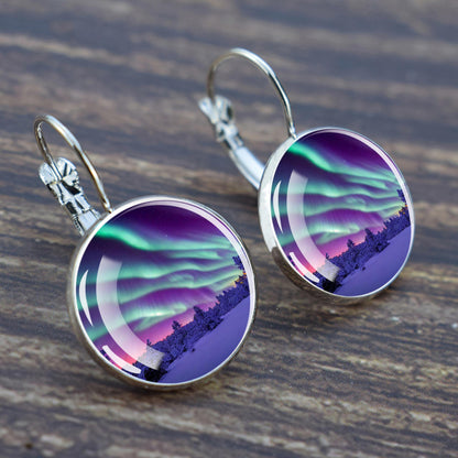 Luminous Aurora Borealis Hook Earrings - Northern Lights Jewelry - Unique Glass Cabochon Drop Earrings - Perfect Aurora Lovers Gift