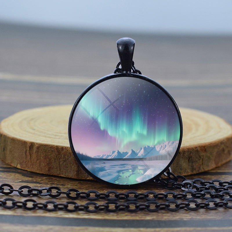 Luminous Aurora Borealis Black Necklace - Northern Light Jewelry - Unique Glass Dome Pendent Necklace - Perfect Aurora Lovers Gift