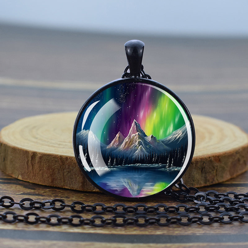 Luminous Aurora Borealis Black Necklace - Northern Light Jewelry - Unique Glass Dome Pendent Necklace - Perfect Aurora Lovers Gift