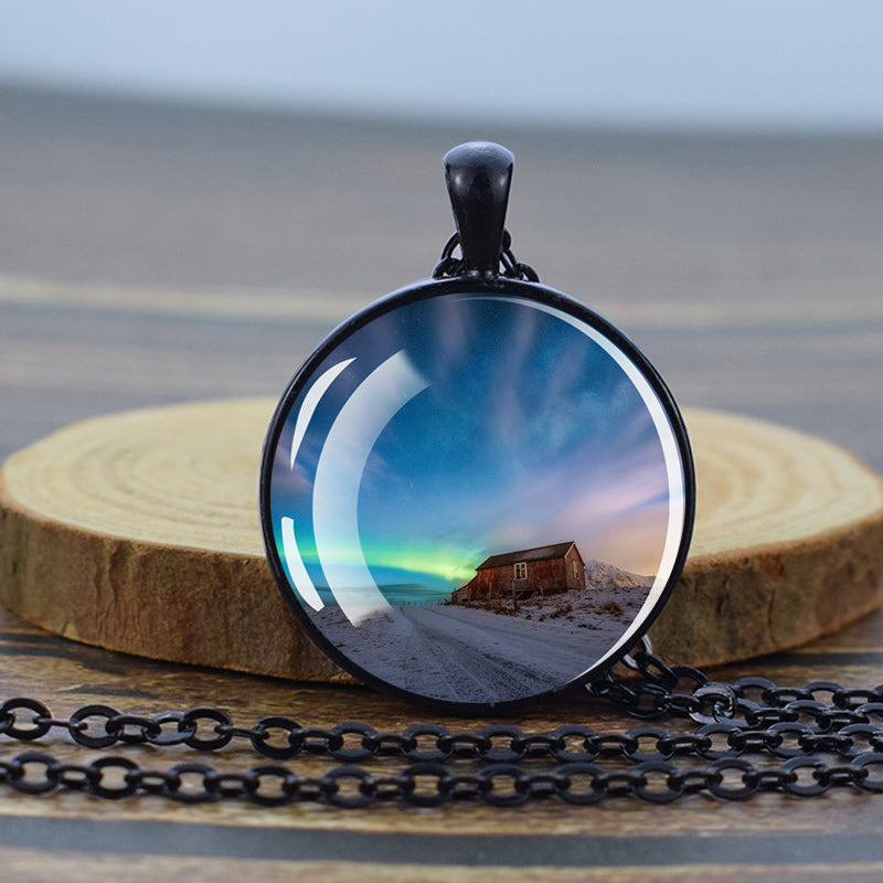 Luminous Aurora Borealis Black Necklace - Northern Light Jewelry - Unique Glass Dome Pendent Necklace - Perfect Aurora Lovers Gift