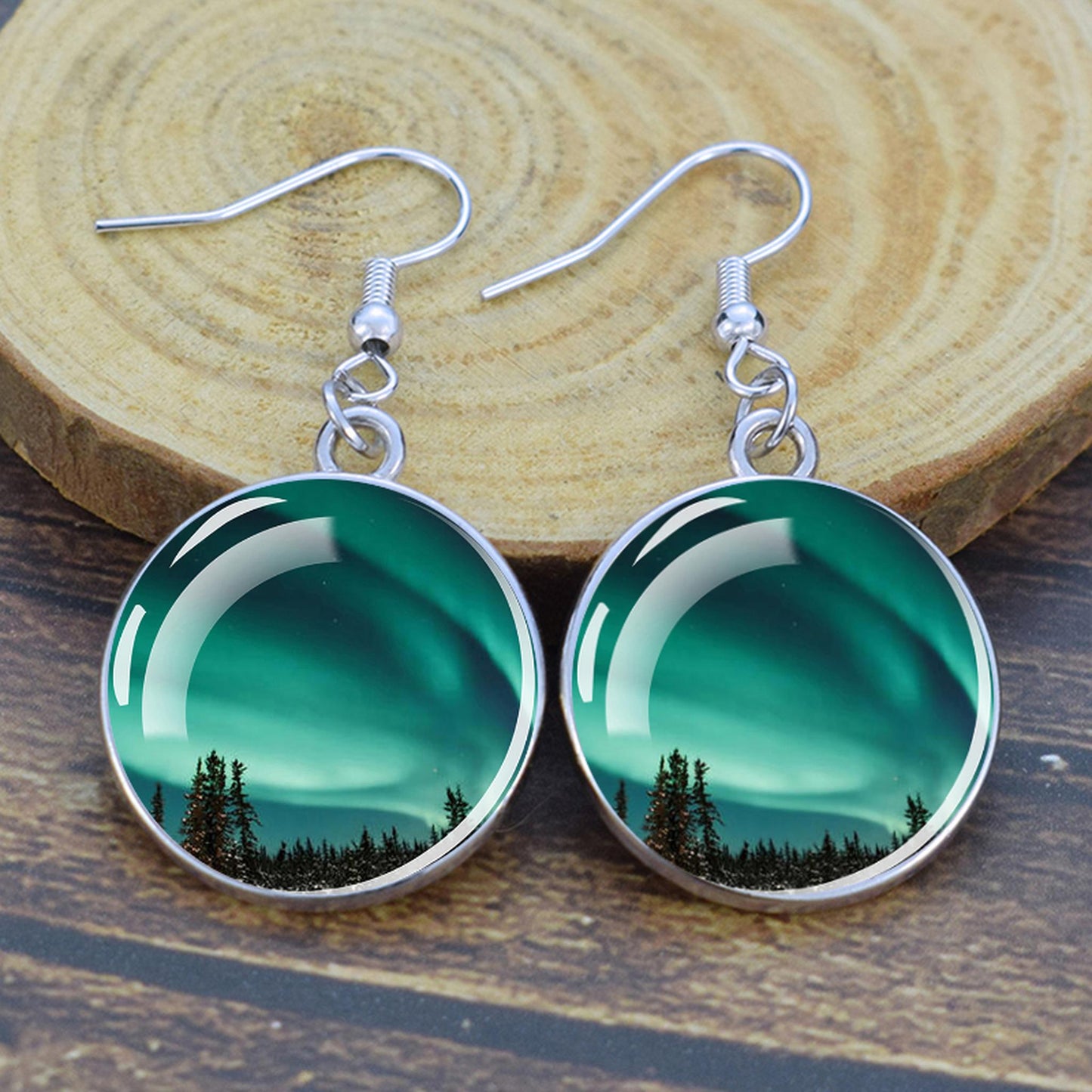 Gaismas Aurora Borealis Drop Auskari - Ziemeļblāzmas rotaslietas - Unikāli stikla Cabochon Dangle Auskari - Perfekta Aurora Lovers dāvana