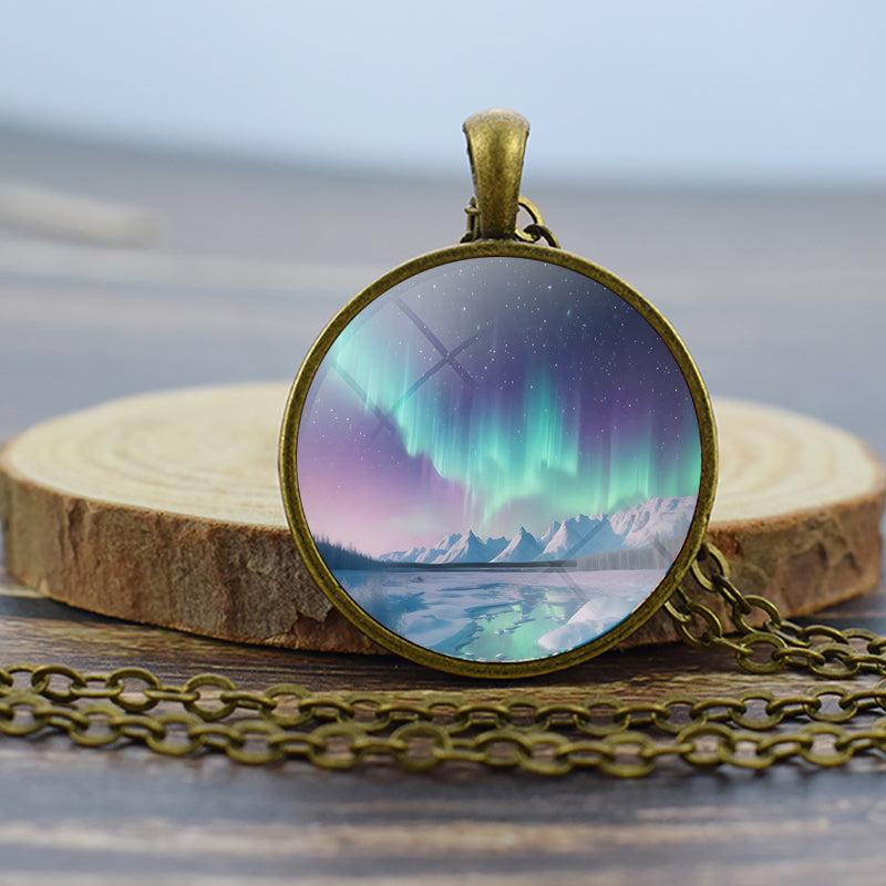 Luminous Aurora Borealis Bronze Necklace - Northern Light Jewelry - Unique Glass Dome Pendent Necklace - Perfect Aurora Lovers Gift