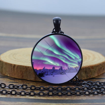 Luminous Aurora Borealis Black Necklace - Northern Light Jewelry - Unique Glass Dome Pendent Necklace - Perfect Aurora Lovers Gift