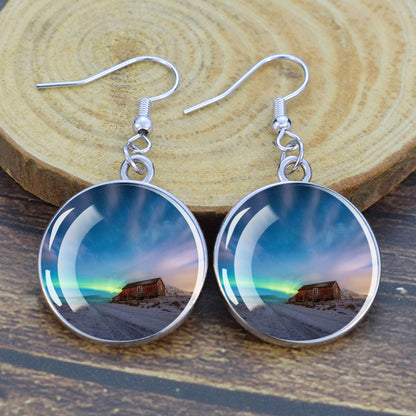 Gaismas Aurora Borealis Drop Auskari - Ziemeļblāzmas rotaslietas - Unikāli stikla Cabochon Dangle Auskari - Perfekta Aurora Lovers dāvana