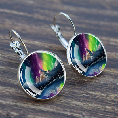 Luminous Aurora Borealis Hook Earrings - Northern Lights Jewelry - Unique Glass Cabochon Drop Earrings - Perfect Aurora Lovers Gift