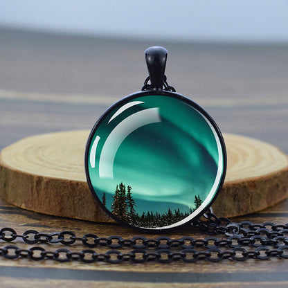 Luminous Aurora Borealis Black Necklace - Northern Light Jewelry - Unique Glass Dome Pendent Necklace - Perfect Aurora Lovers Gift