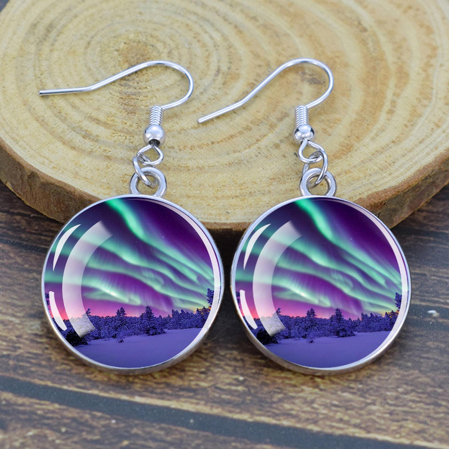 Lýsandi Aurora Borealis dropaeyrnalokkar - Northern Lights Skartgripir - Einstakir Cabochon Dangle eyrnalokkar úr gleri - Fullkomin Aurora Lovers gjöf