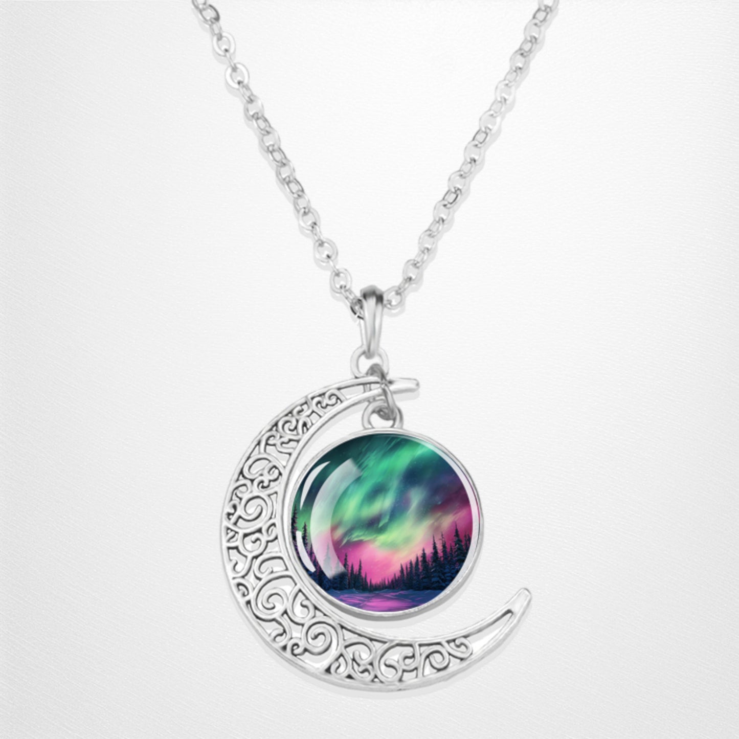 Luminous Aurora Borealis Crescent Necklace- Northern Light Jewelry - Unique Crescent Glass Cabochon Pendent Necklace - Perfect Aurora Lovers Gift