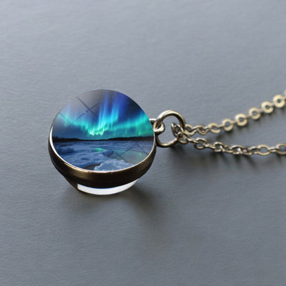 Luminous Aurora Borealis Silver Necklace- Northern Light Jewelry - Unique Double Side Glass Ball Pendent Necklace - Perfect Aurora Lovers Gift