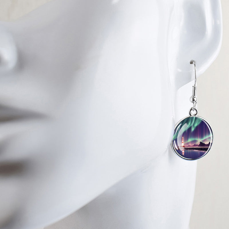 Gaismas Aurora Borealis Drop Auskari - Ziemeļblāzmas rotaslietas - Unikāli stikla Cabochon Dangle Auskari - Perfekta Aurora Lovers dāvana