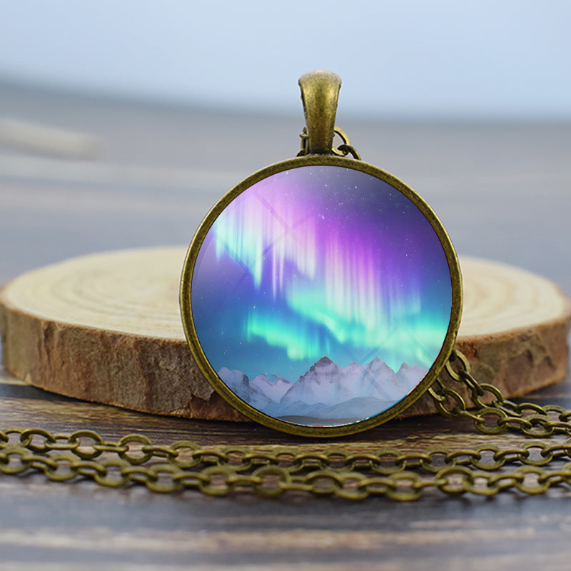 Luminous Aurora Borealis Bronze Necklace - Northern Light Jewelry - Unique Glass Dome Pendent Necklace - Perfect Aurora Lovers Gift