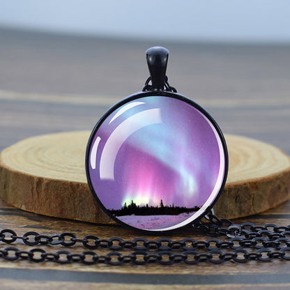 Luminous Aurora Borealis Black Necklace - Northern Light Jewelry - Unique Glass Dome Pendent Necklace - Perfect Aurora Lovers Gift