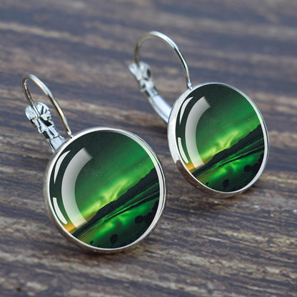 Luminous Aurora Borealis Hook Earrings - Northern Lights Jewelry - Unique Glass Cabochon Drop Earrings - Perfect Aurora Lovers Gift