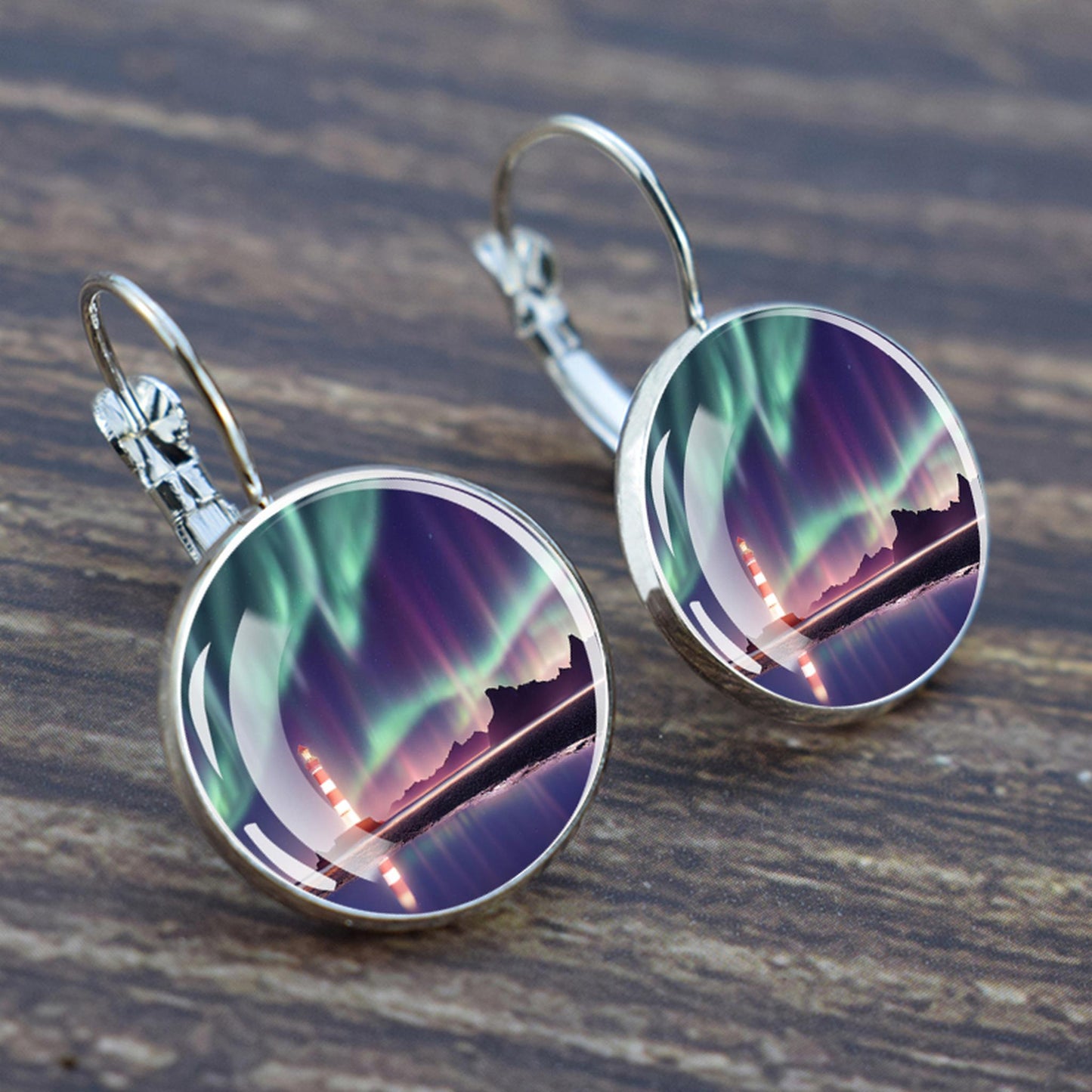 Luminous Aurora Borealis Hook Earrings - Northern Lights Jewelry - Unique Glass Cabochon Drop Earrings - Perfect Aurora Lovers Gift