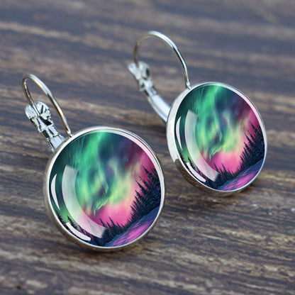 Luminous Aurora Borealis Hook Earrings - Northern Lights Jewelry - Unique Glass Cabochon Drop Earrings - Perfect Aurora Lovers Gift