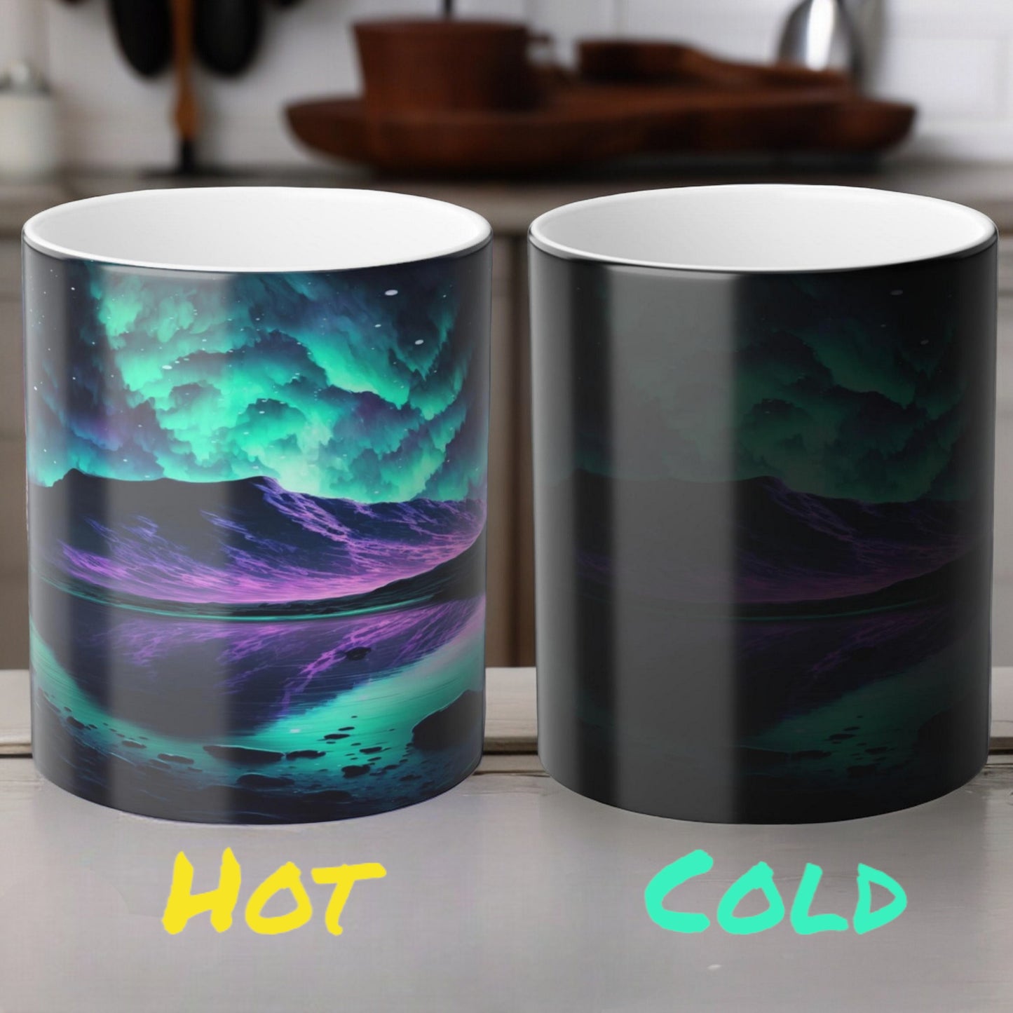 Fortryllende Aurora Borealis varmefølsomt krus - Northern Lights Magic Color Morphing-krus 11 oz - Heat Reactive Night Sky Coffee Cup - Perfekt gave til naturelskere