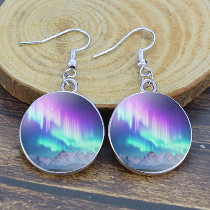 Gaismas Aurora Borealis Drop Auskari - Ziemeļblāzmas rotaslietas - Unikāli stikla Cabochon Dangle Auskari - Perfekta Aurora Lovers dāvana