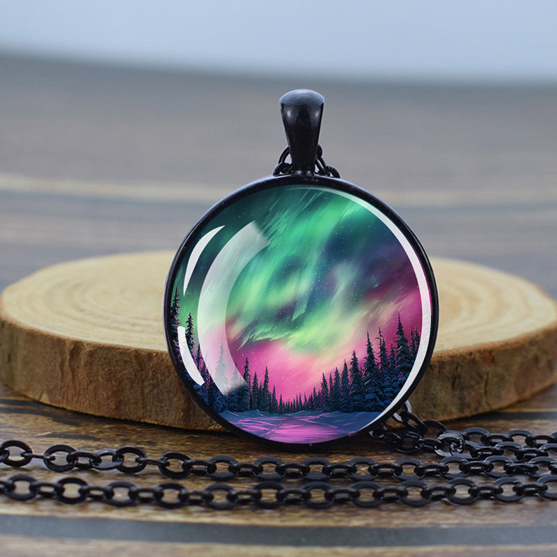 Luminous Aurora Borealis Black Necklace - Northern Light Jewelry - Unique Glass Dome Pendent Necklace - Perfect Aurora Lovers Gift