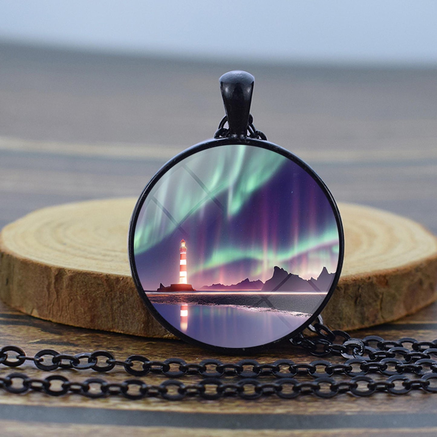 Luminous Aurora Borealis Black Necklace - Northern Light Jewelry - Unique Glass Dome Pendent Necklace - Perfect Aurora Lovers Gift