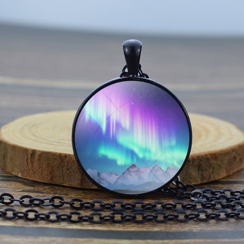 Luminous Aurora Borealis Black Necklace - Northern Light Jewelry - Unique Glass Dome Pendent Necklace - Perfect Aurora Lovers Gift